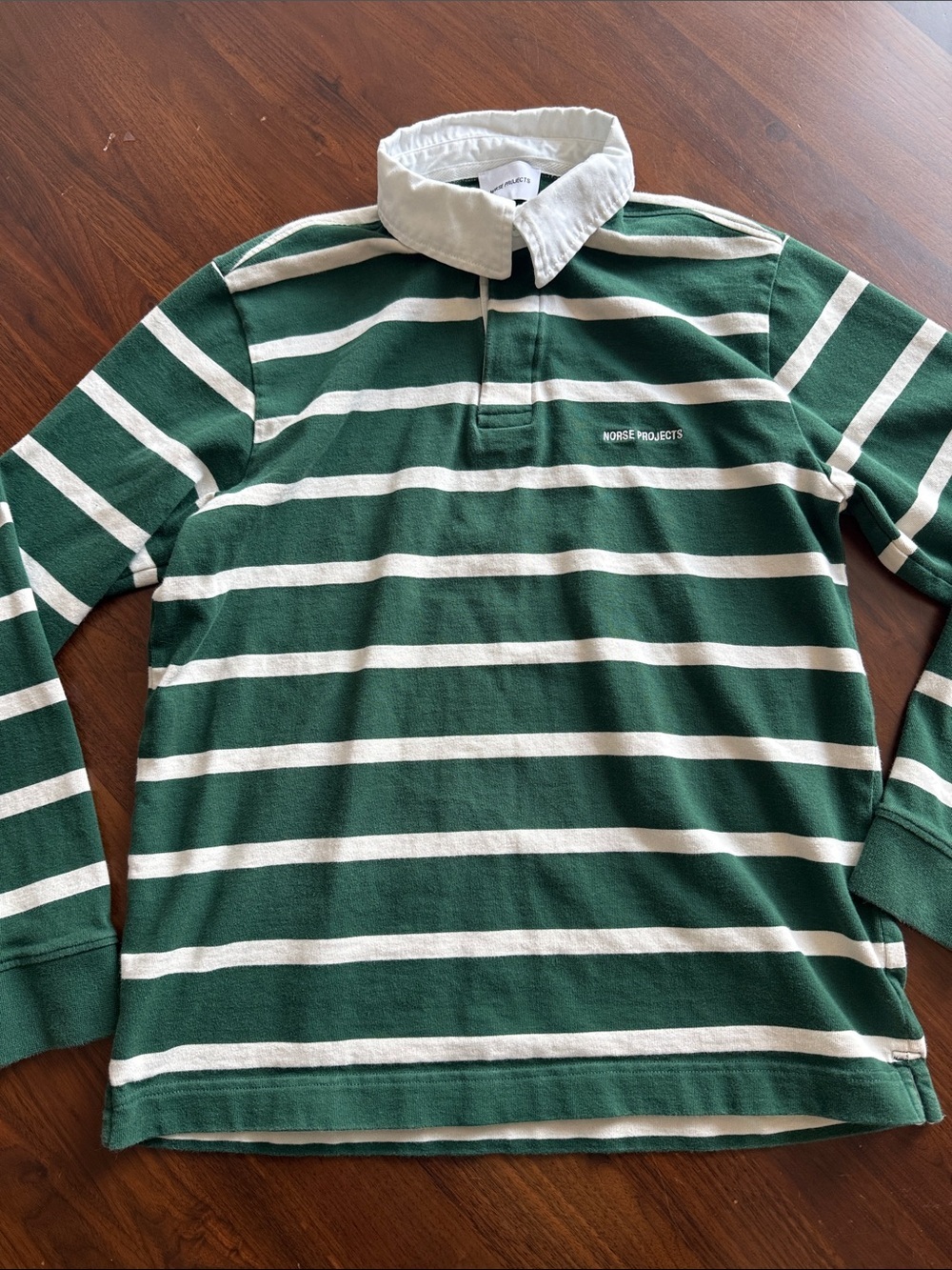 Norse Projects Green and White Striped Rugby Shirt small men